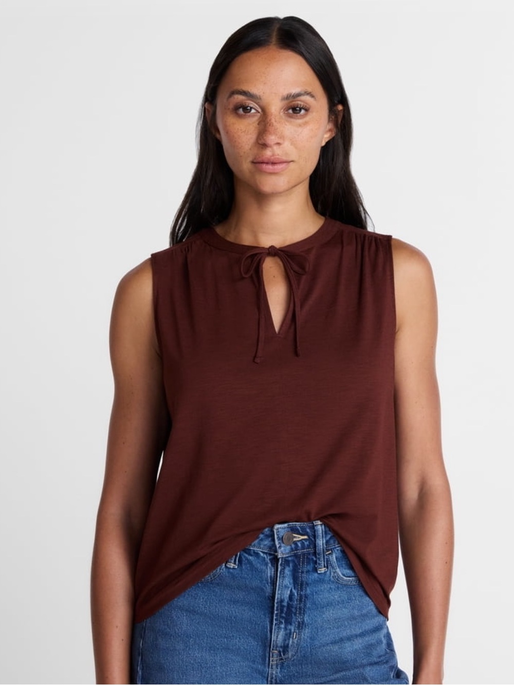 Time and Tru Deep Earthy Brown Tie Front Sleeveless Top Women's Medium